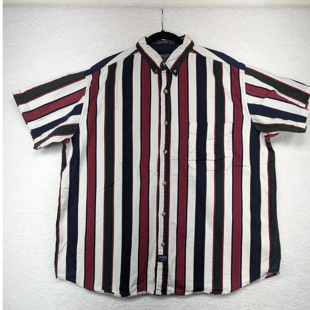 Coliseum Mens 2XL Button Up Shirt Short Sleeve Striped‎ Cotton Casual